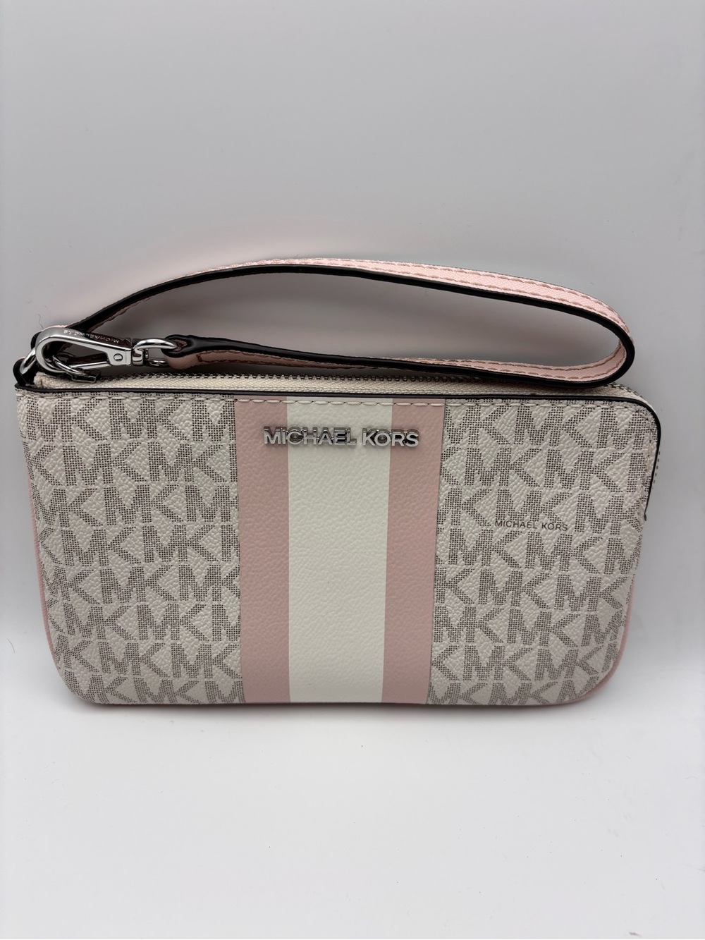 Michael Kors Beige & Pink Signature Stripe Wristlet